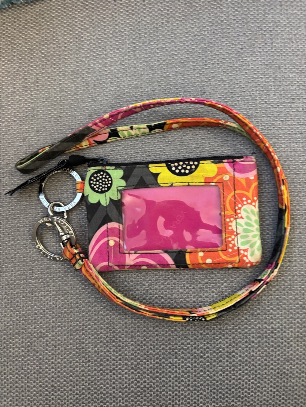 Vera Bradley Floral Quilted Lanyard ID Holder with Pink Window